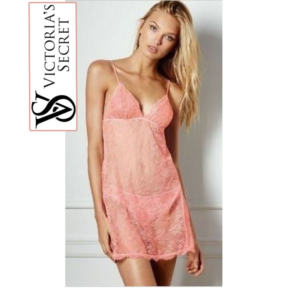 Victoria's Secret Peach/Pink Corset Back Lace Sheer Metallic Chemise Sz M